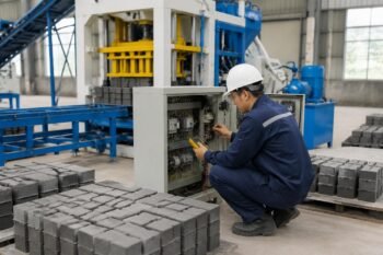 Technician checking voltage stability during interlocking paver machine installation