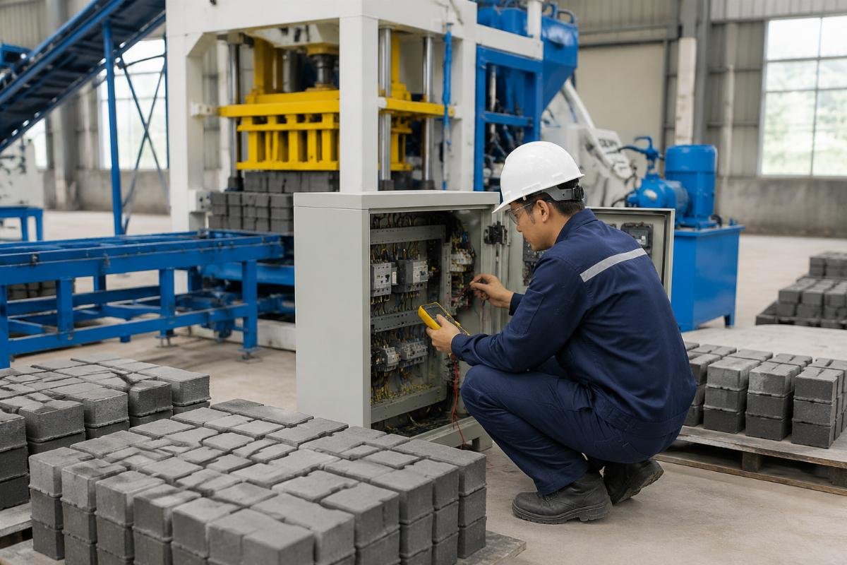 Technician checking voltage stability during interlocking paver machine installation