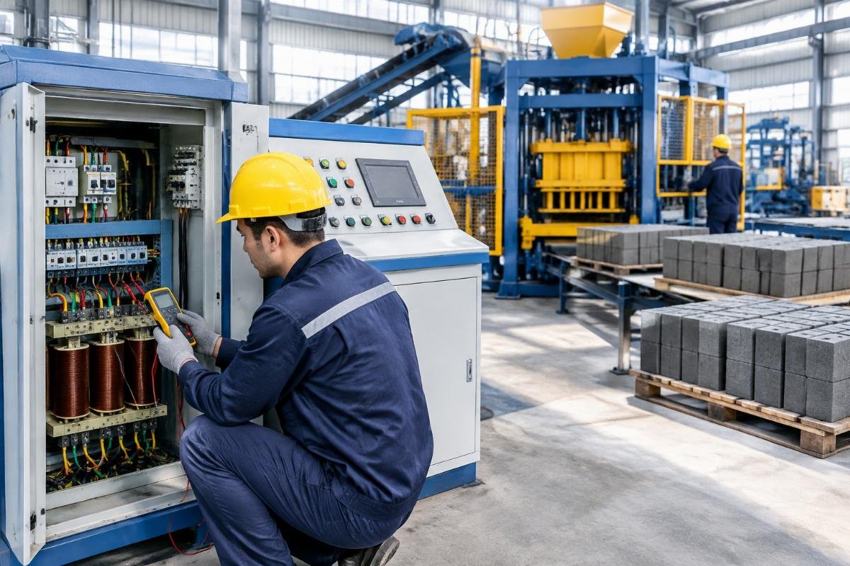 Technician checking voltage stabilizer readings next to a block machine control panel