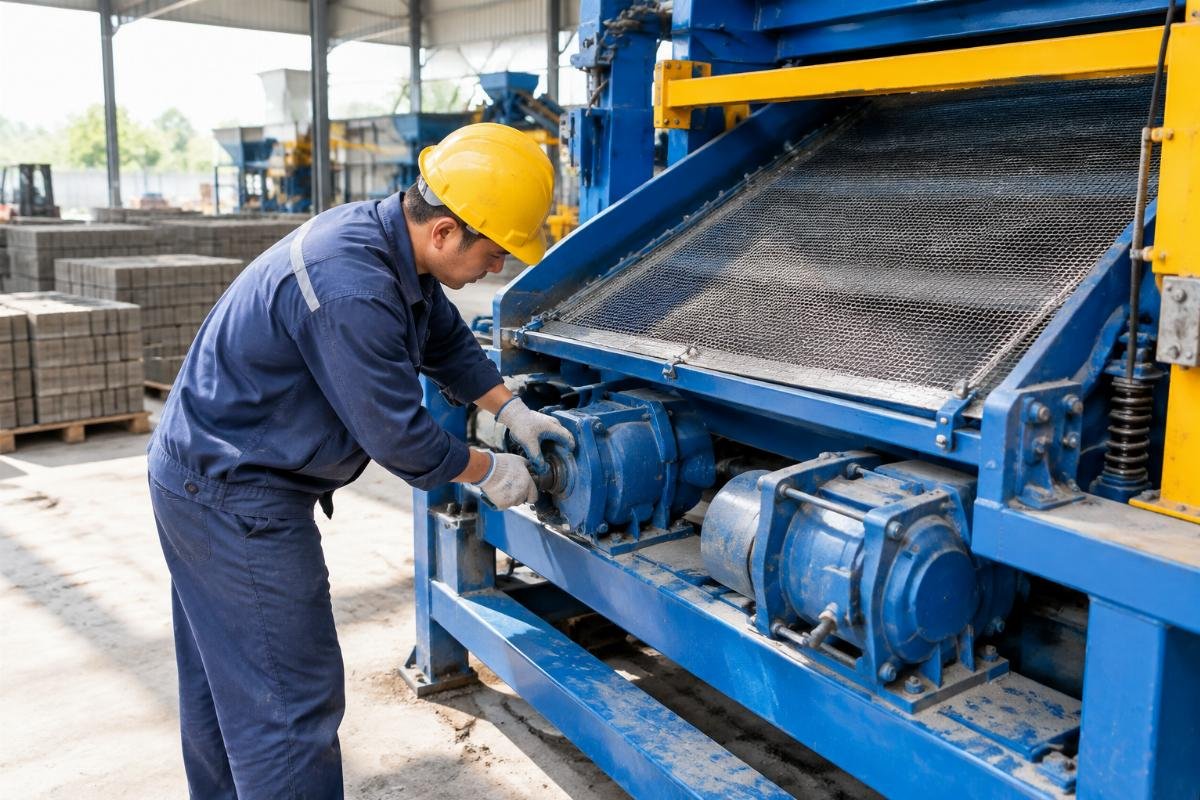 Technician manually rotating vibrator shafts and inspecting screen mesh tension before restart