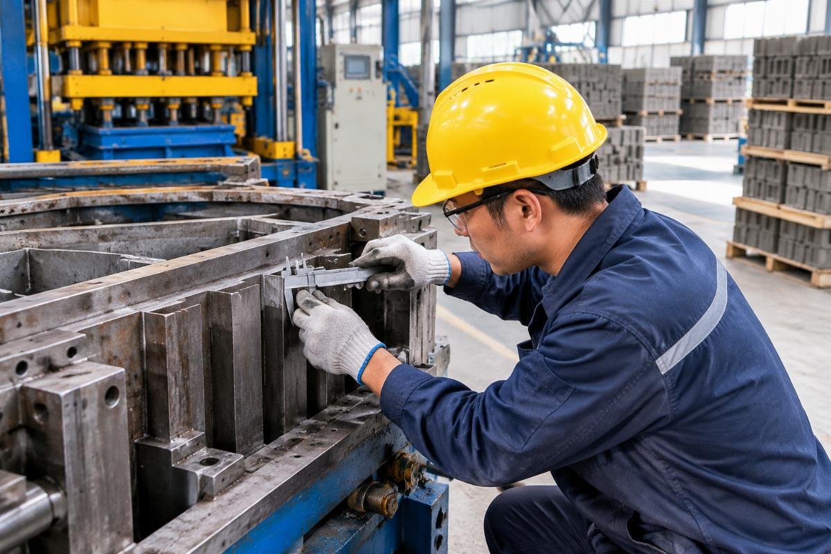 Technician measuring mold wall thickness with calipers during monthly maintenance check