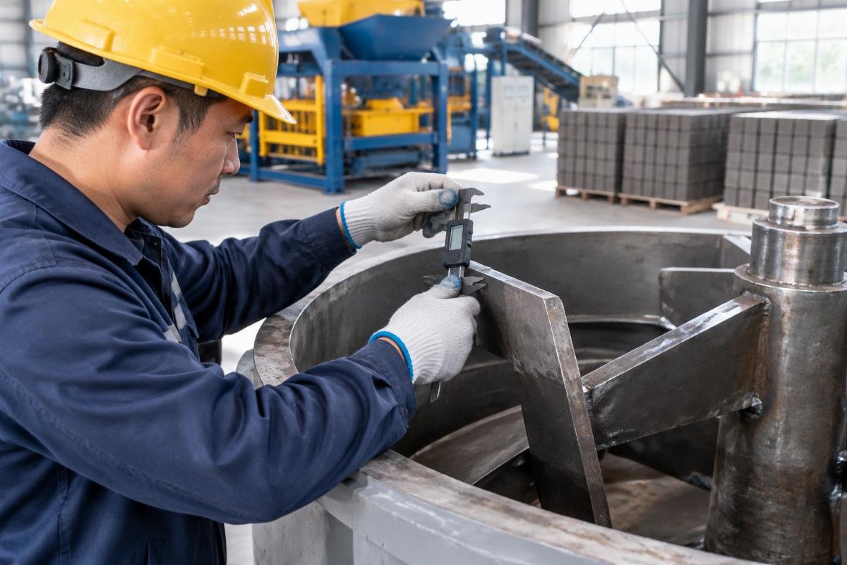 Technician measuring the thickness of a mixer blade with a digital caliper