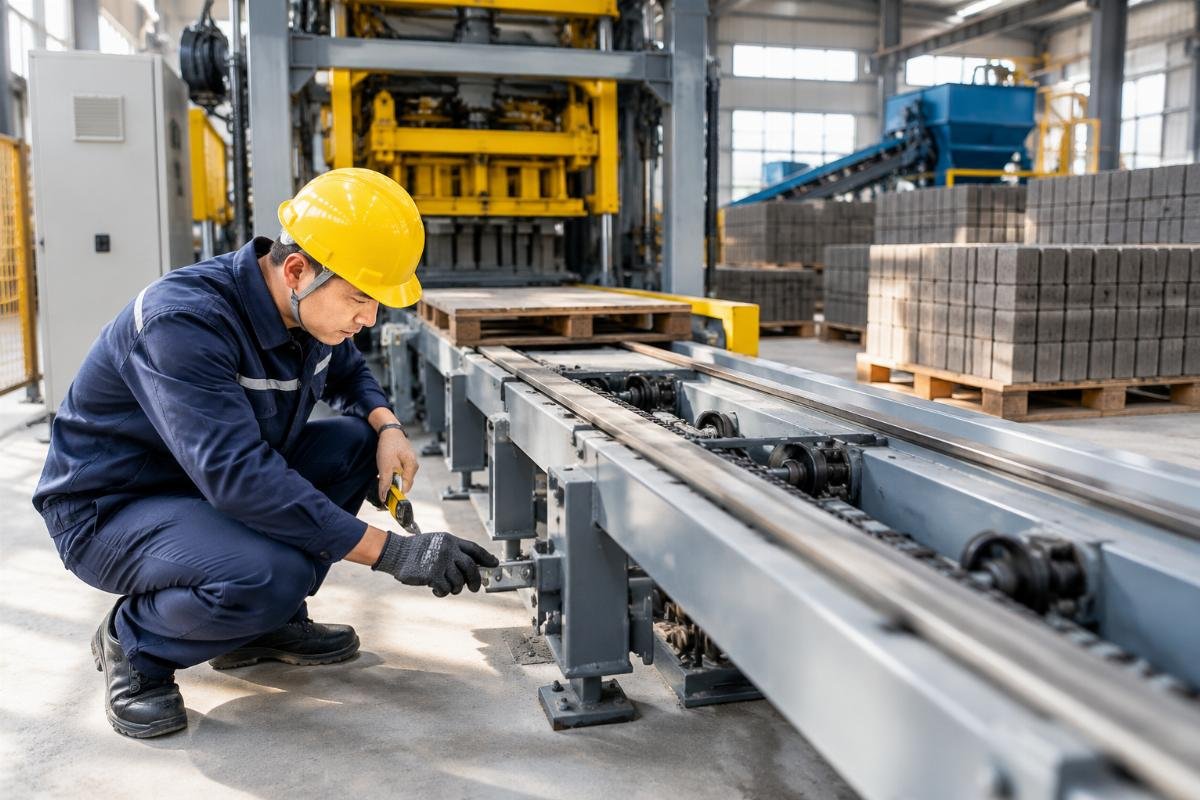 Technician performing a weekly alignment check on a QT series pallet return rail