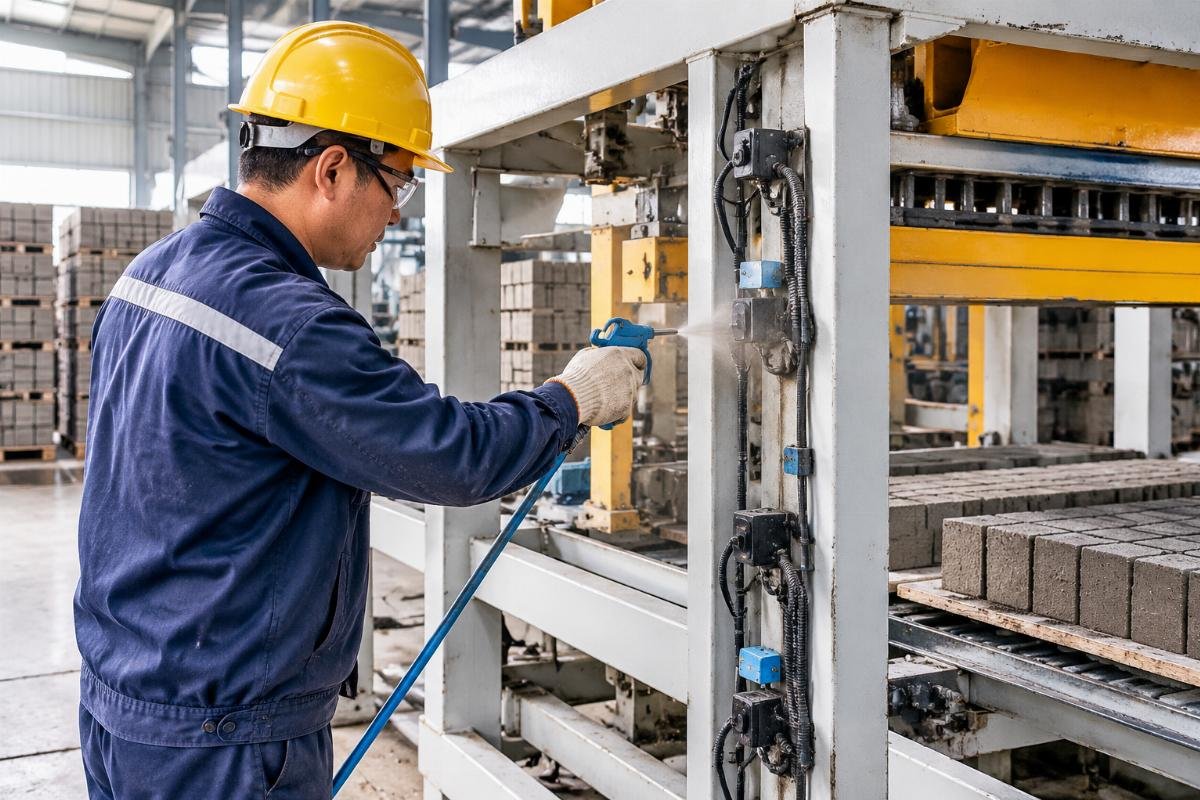 Technician performing air blow-off on block cuber sensors to remove cement dust