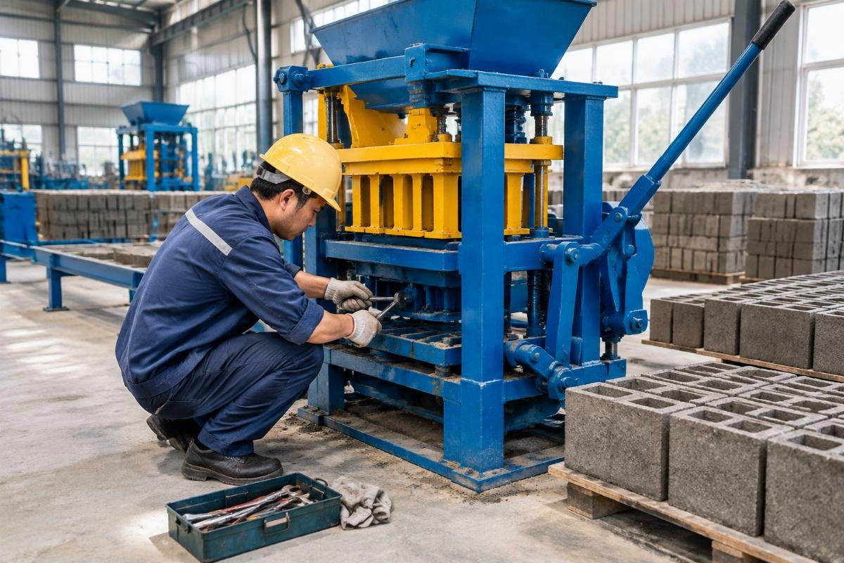 Technician performing basic maintenance on a manual block machine using simple hand tools