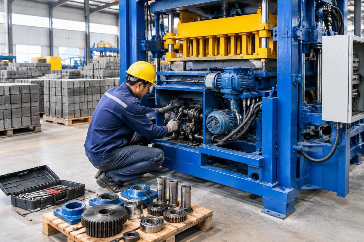 Technician performing maintenance on a paver block machine with spare parts nearby
