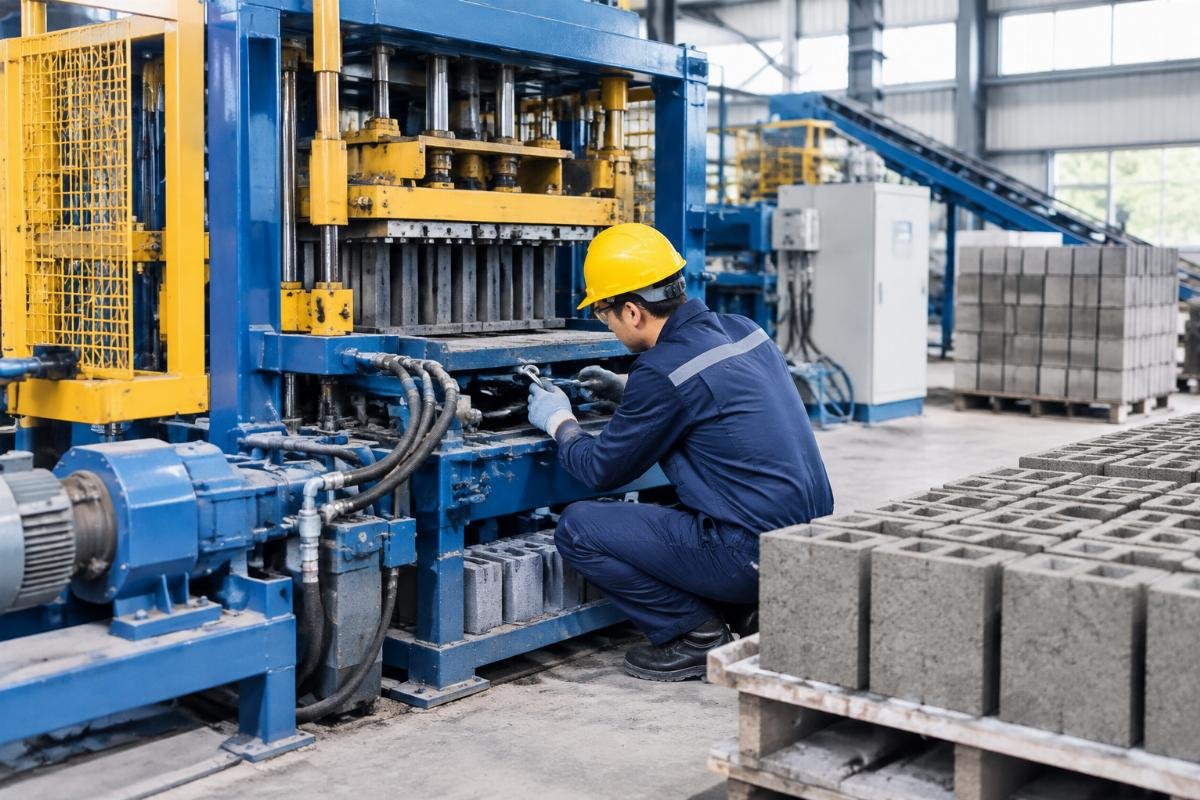 Technician performing routine maintenance on a concrete block making machine