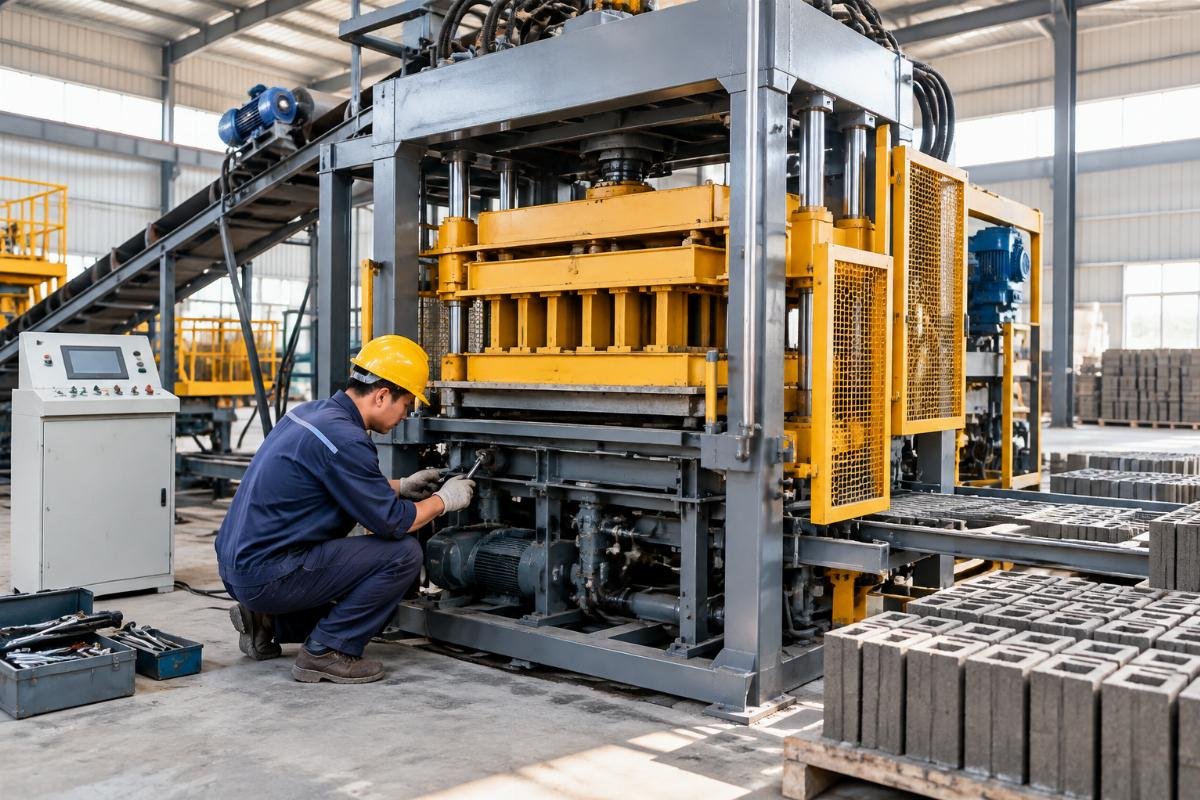Technician performing routine maintenance on a QT15 block machine