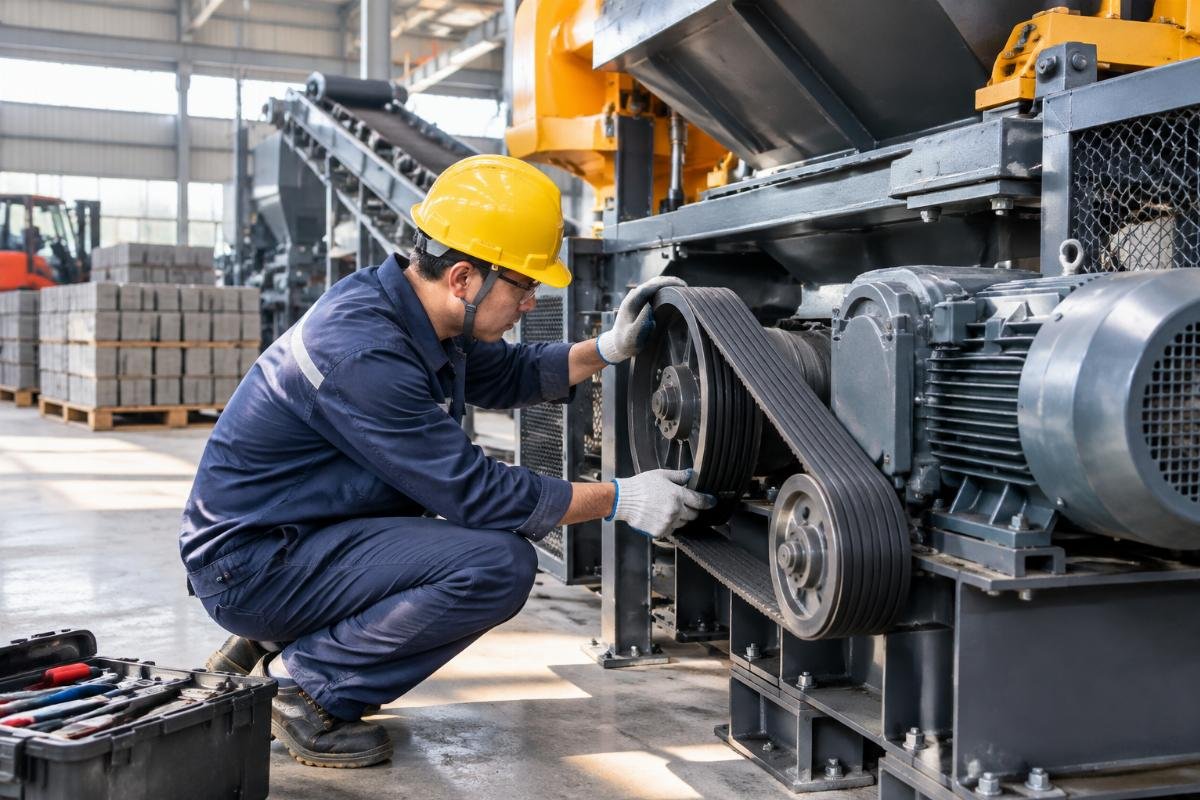 Technician performing routine maintenance on the cuber’s drive system and checking belt tension