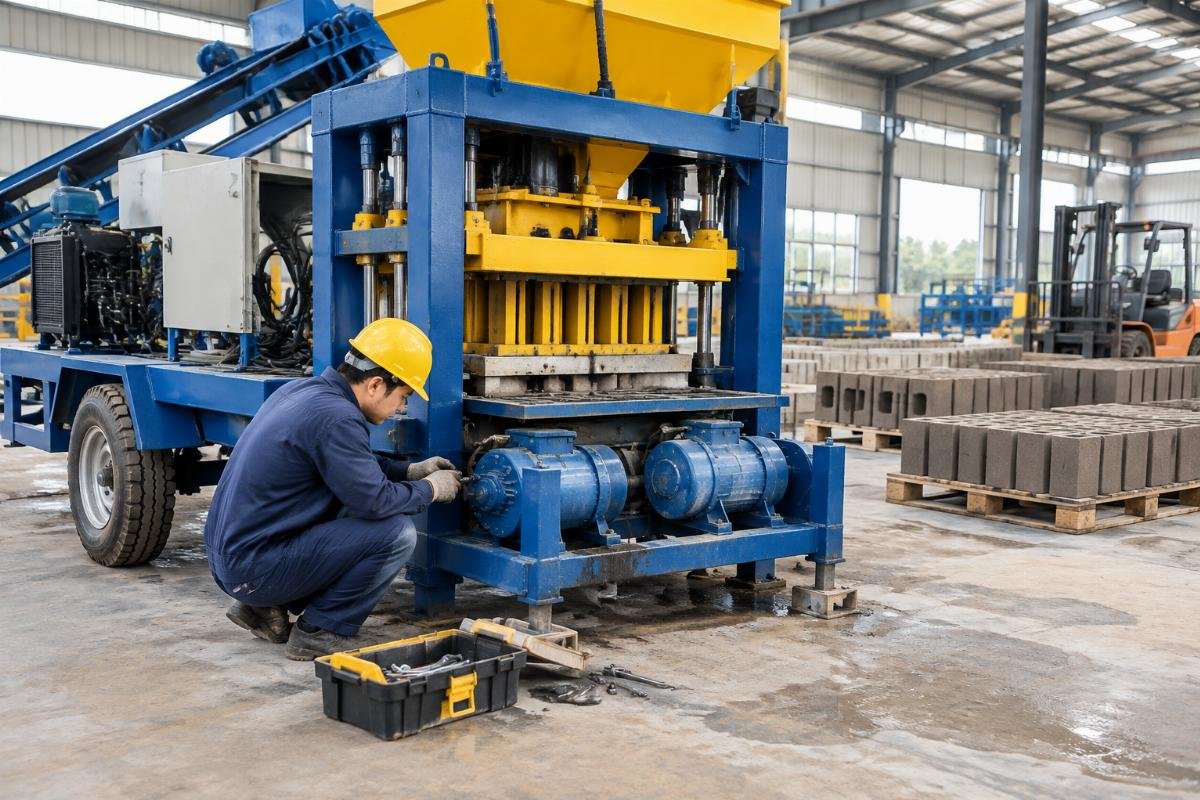 Technician performing routine maintenance on the vibration system of a QMY6-25 mobile block machine