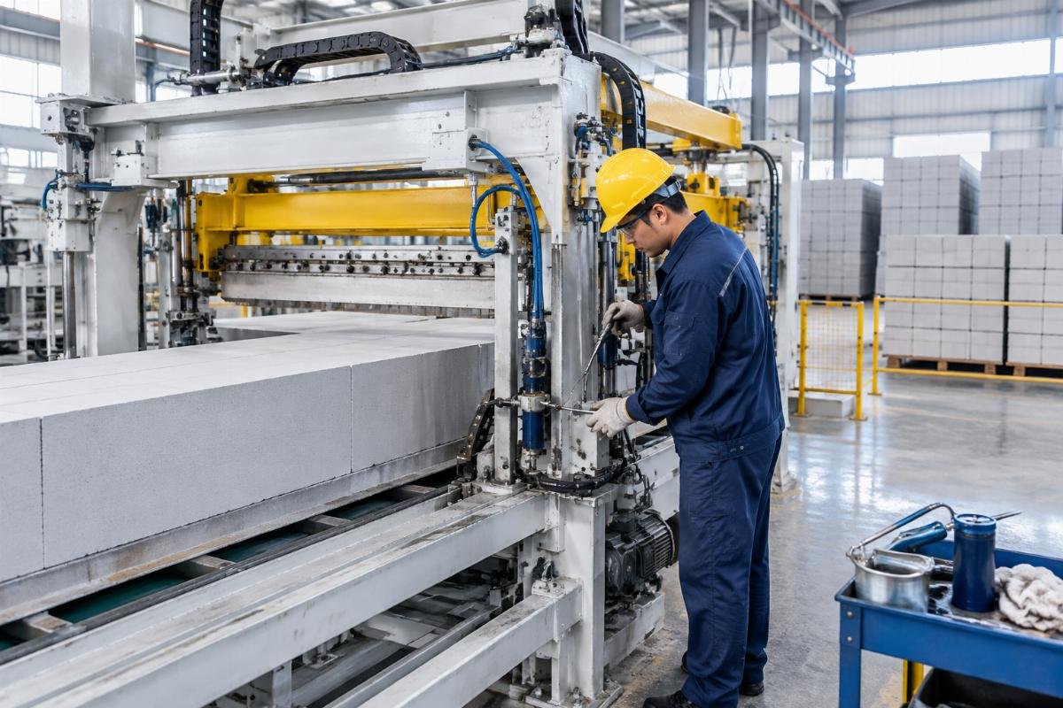 Technician performing weekly lubrication and inspection on the AAC line cutting station