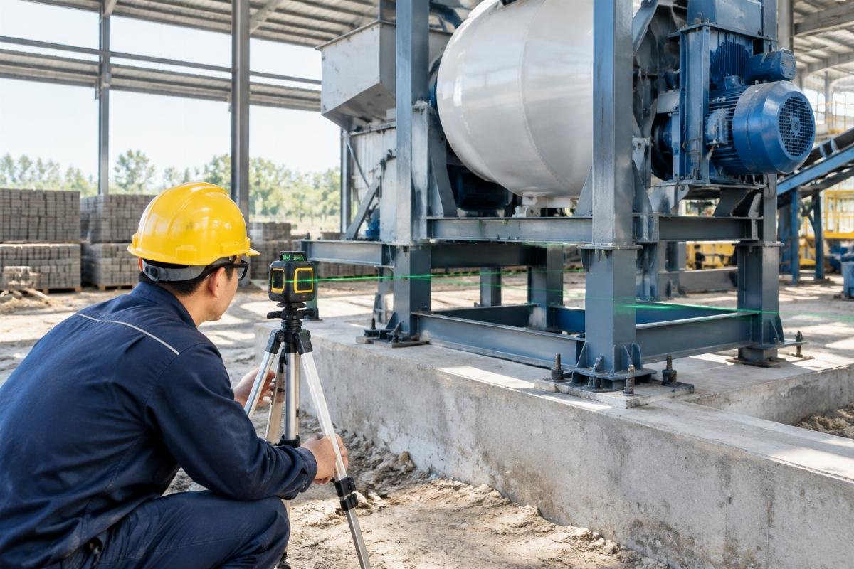 Technician using a laser level to check the alignment of a concrete mixer frame on a new foundation