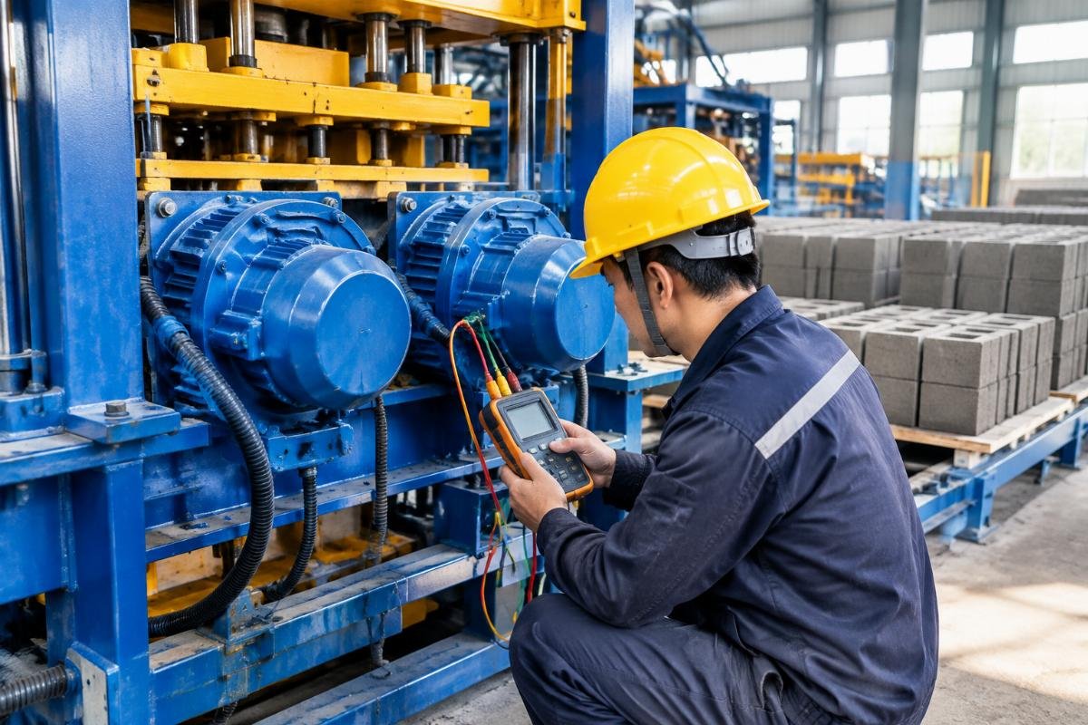 Technician using a phase meter to check the synchronization of dual vibration motors on a block machine