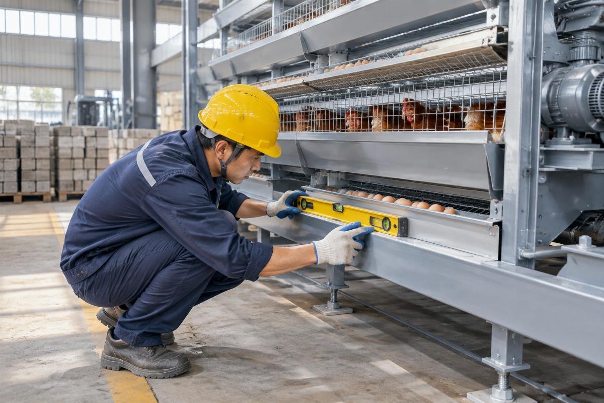 Technician using a spirit level to check the chassis alignment of an egg layer machine on site