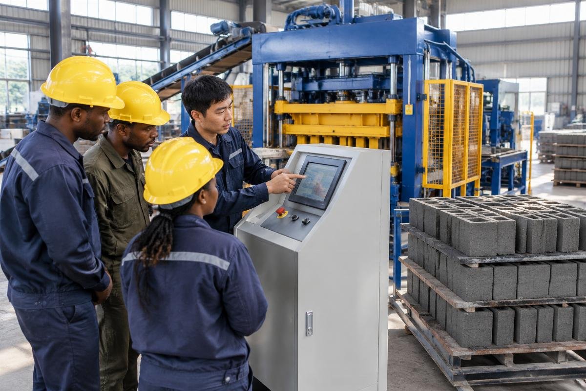 Technicians conducting on-site training for local operators on a QT series block making machine, focusing on PLC interface and mold adjustment