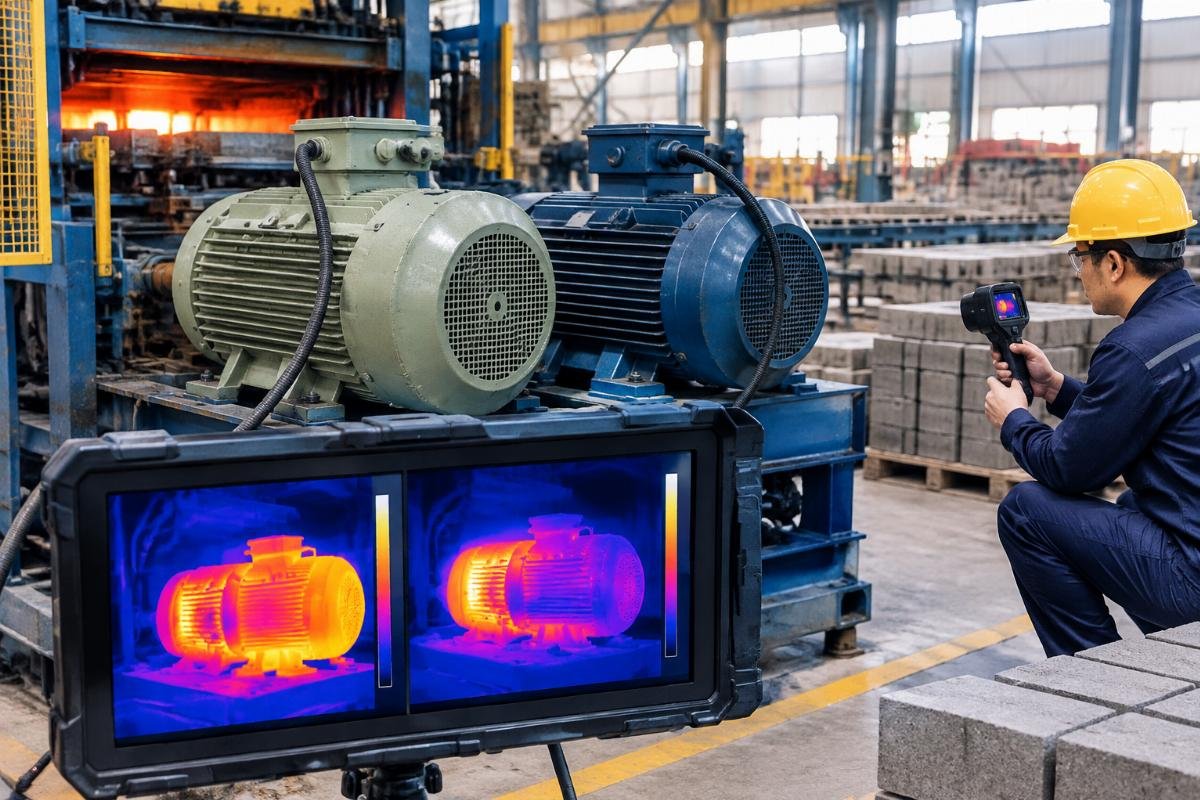 Thermal imaging comparison of Class F and Class H insulated motors operating under identical load in a high-temperature environment