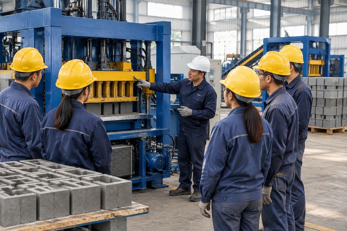 Trainer demonstrating maintenance procedures to a group of operators around a block making machine