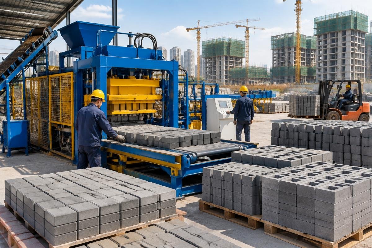 Urban construction site showing high-demand for standardized concrete pavers and blocks