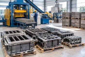 Various concrete block molds arranged on pallets showing size variations