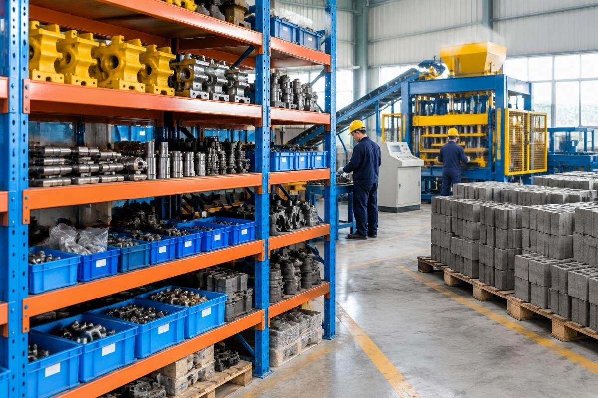 Warehouse shelf organized with labeled spare parts for QT series block machines