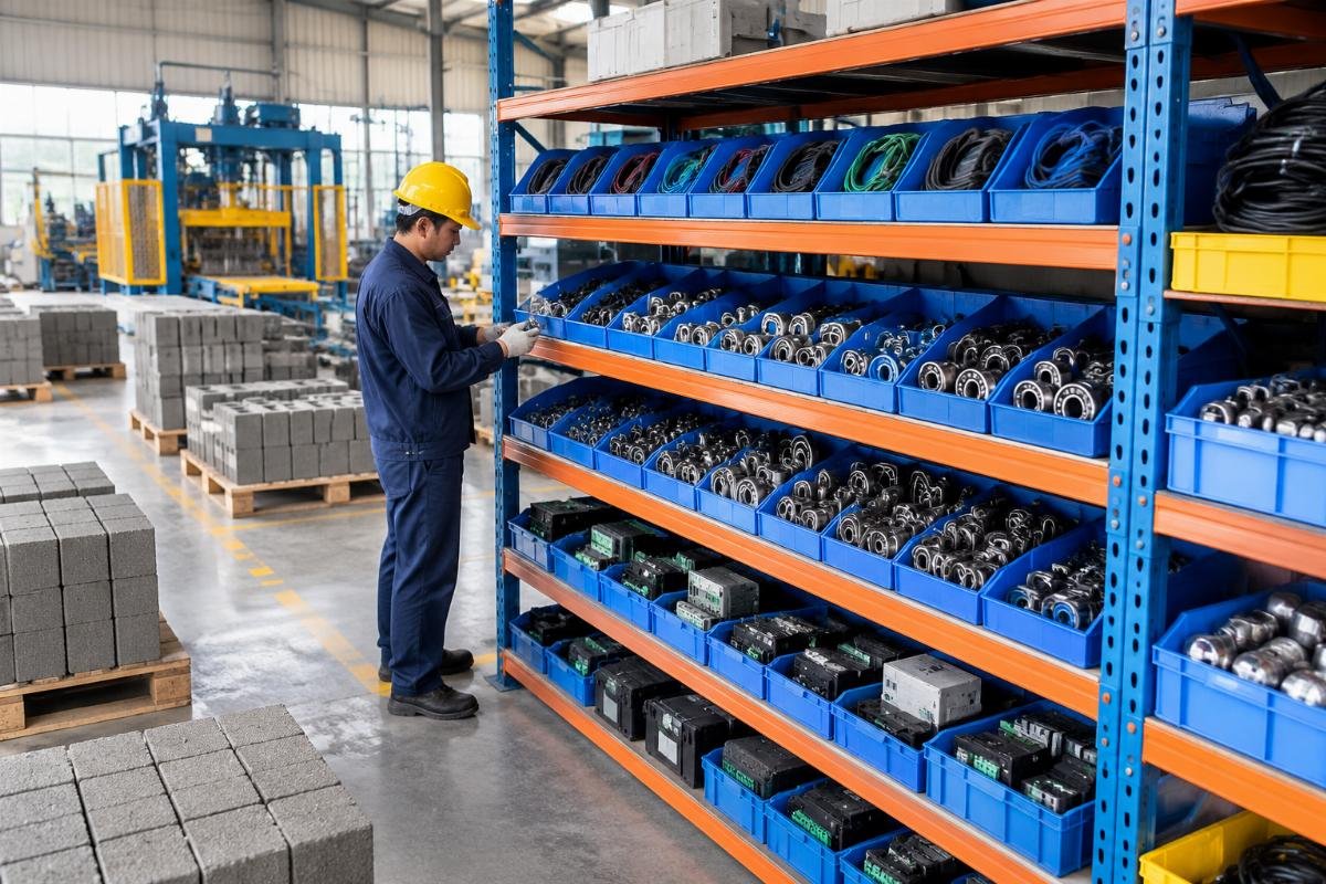 Warehouse shelves organized with labeled bins for hydraulic seals, bearings, and electronic modules
