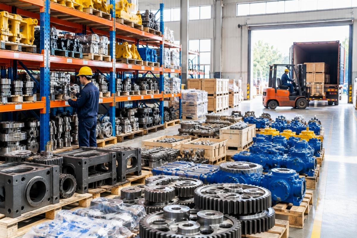 Warehouse stocked with spare parts for concrete block machines ready for express shipping