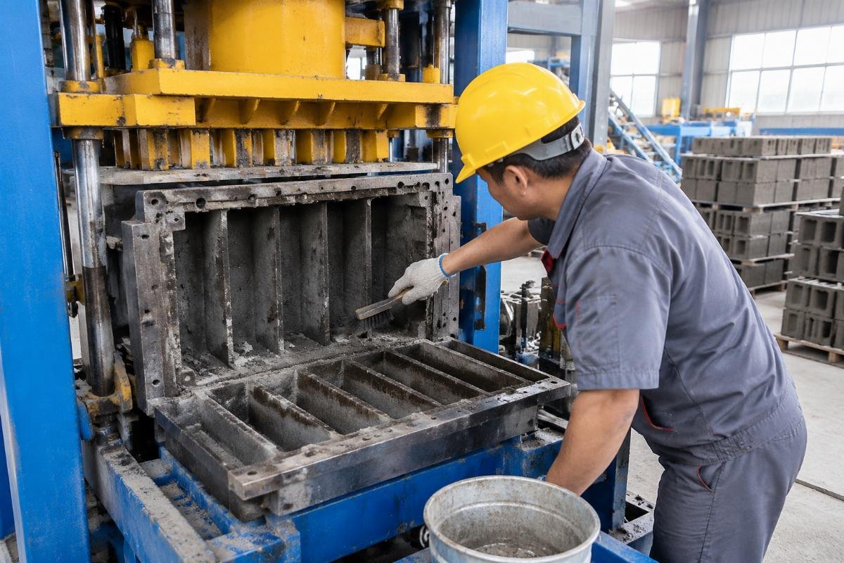 Worker cleaning the interior of a block machine mold to prevent concrete buildup and jamming