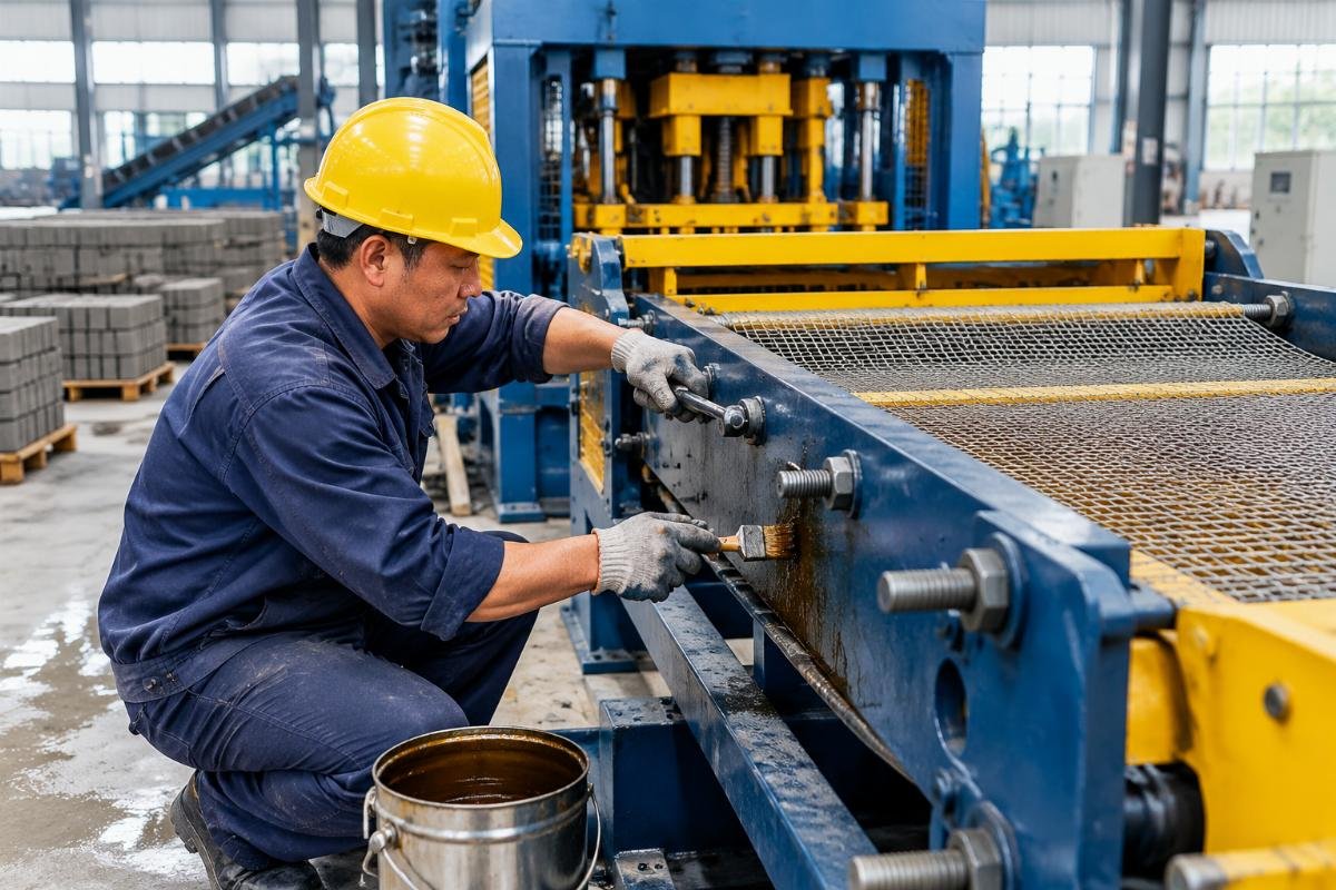 Worker loosening screen mesh tension bolts and applying anti-rust oil to side plates
