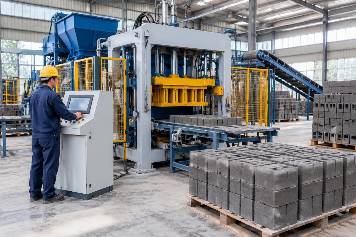Worker operating a modern fully automatic block making machine with PLC control panel