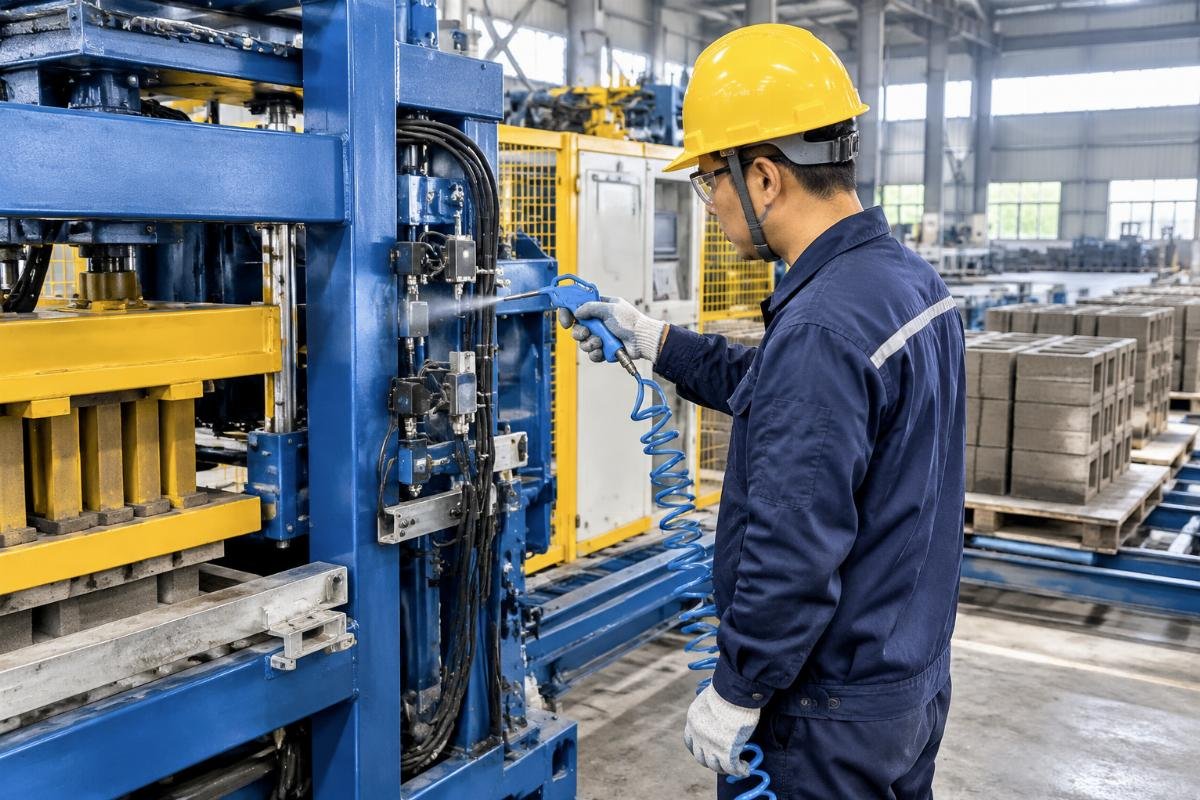 Worker using compressed air to clean sensors on a block cuber