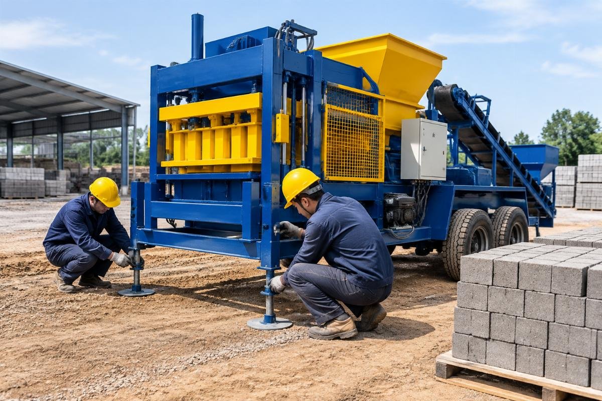 Workers adjusting the leveling jacks of a QMY6-25 mobile block machine on a prepared dirt foundation