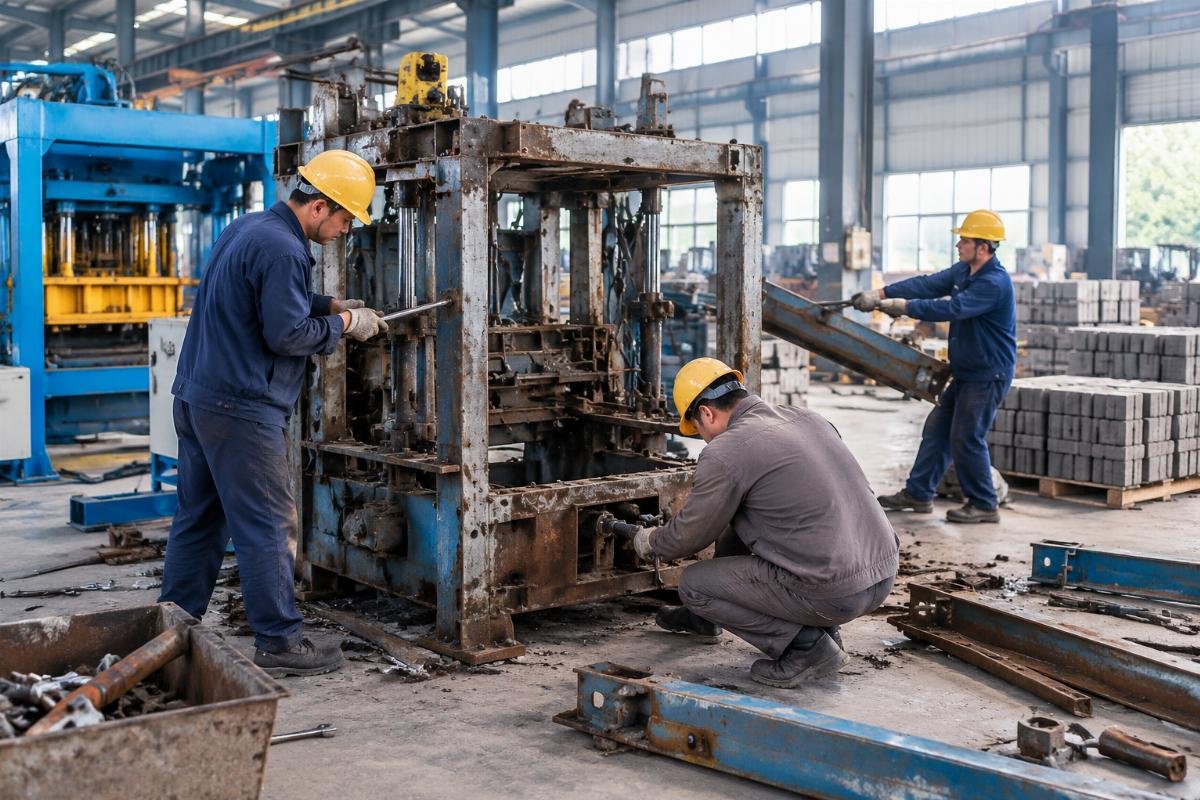 Workers dismantling a steel frame from an old block machine for recycling