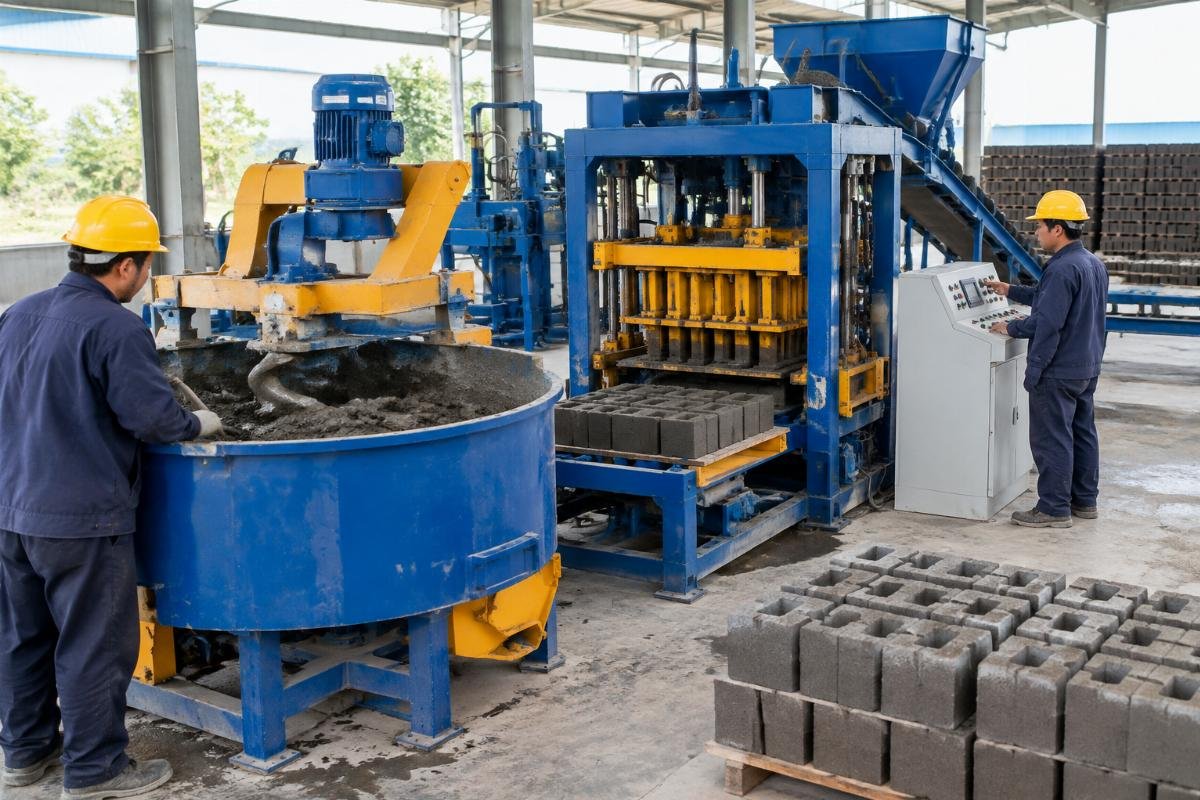 Workers operating a manual brick machine, focusing on the mixing process and the operator's control panel interaction