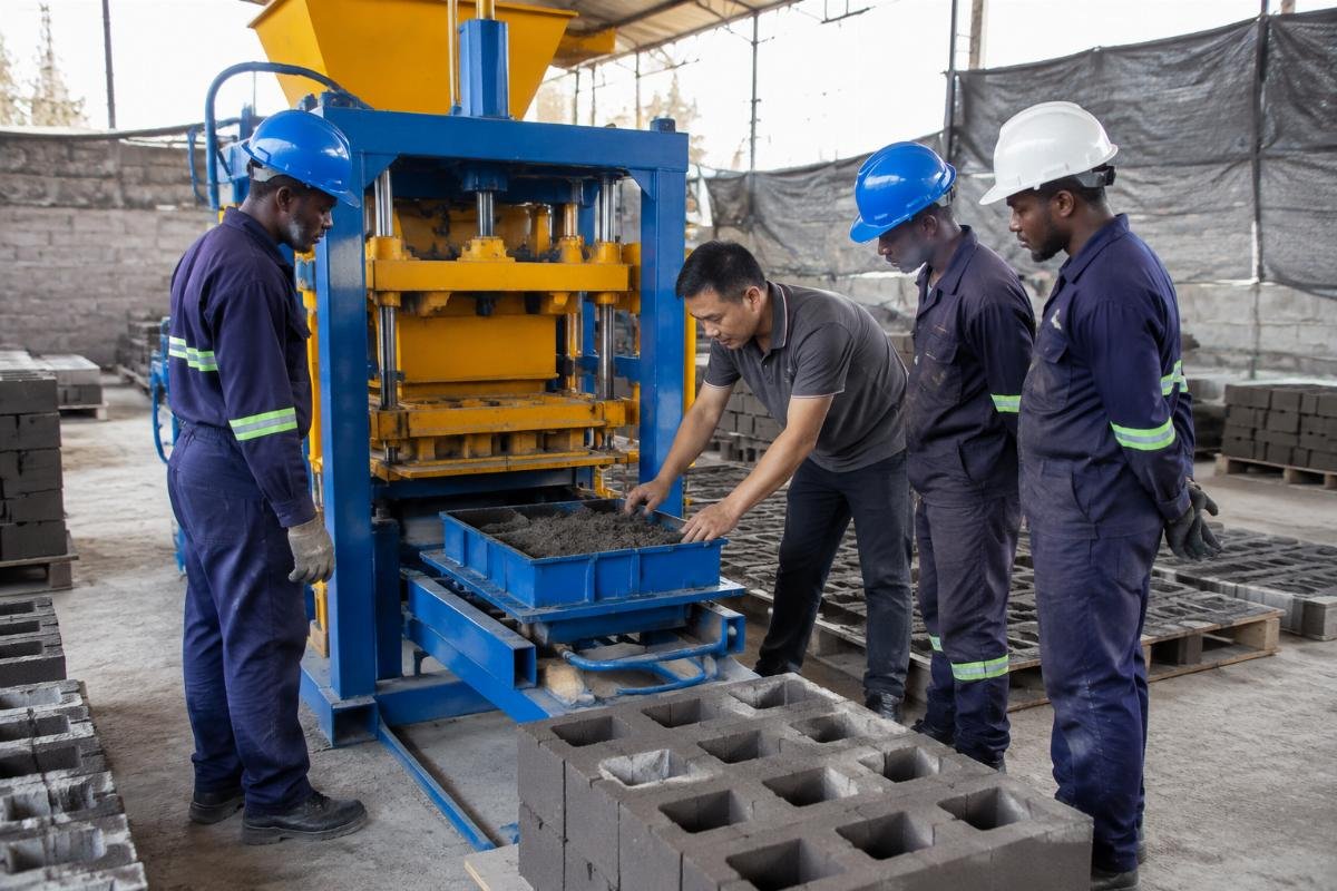 Workers receiving hands-on training on proper mold filling techniques for manual block production